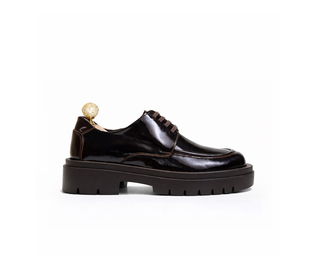 Saad Patent Chunky Derby in glossy burgundy and brown patent leather by SAAD Shoemaker